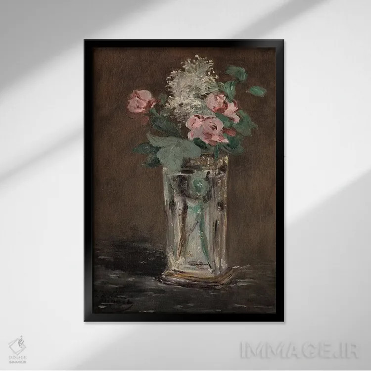 تابلو گلها در گلدان کریستالی اثر ادوارد مانه (نقاش معروف فرانسوی) - نمای قابدار مشکی