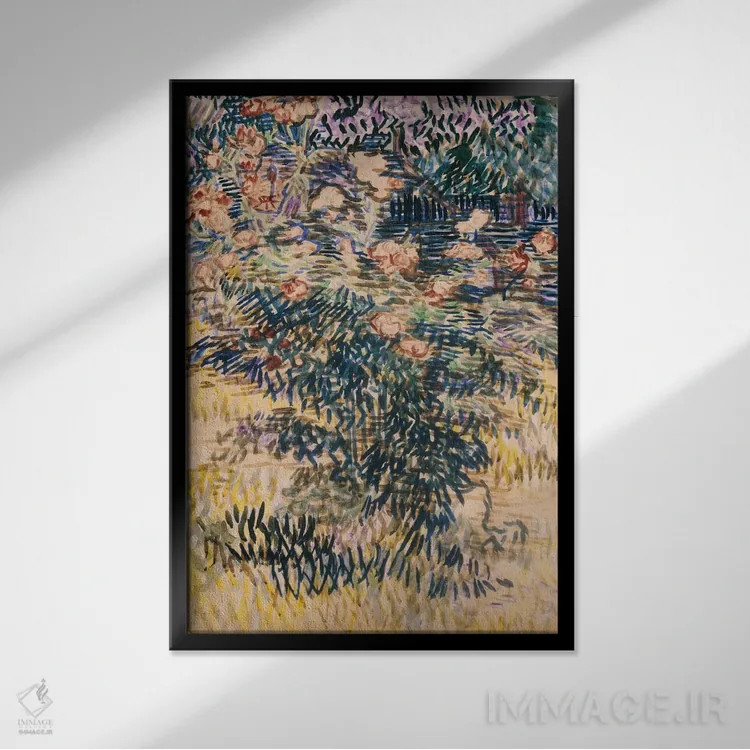 تابلو خرزهرهها، باغ بیمارستان سنترمی، ۱۸۸۹ اثر ونسان ون گوگ (نقاش مشهور هلندی پستامپرسیونیسم) - نمای قابدار مشکی