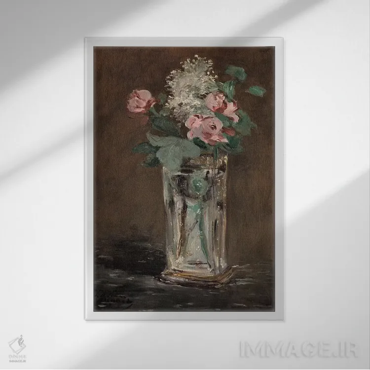 تابلو گلها در گلدان کریستالی اثر ادوارد مانه (نقاش معروف فرانسوی) - نمای قابدار سفید