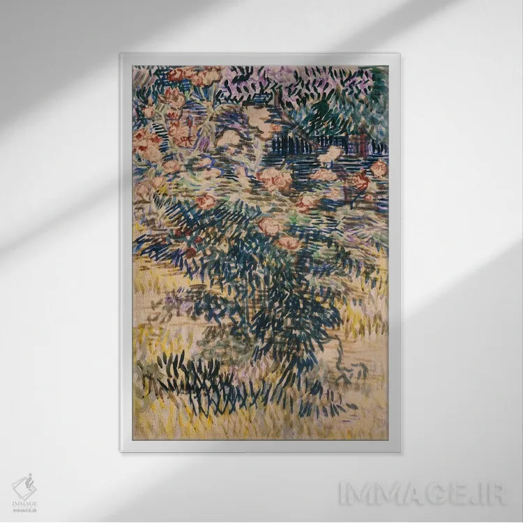 تابلو خرزهرهها، باغ بیمارستان سنترمی، ۱۸۸۹ اثر ونسان ون گوگ (نقاش مشهور هلندی پستامپرسیونیسم) - نمای قابدار سفید