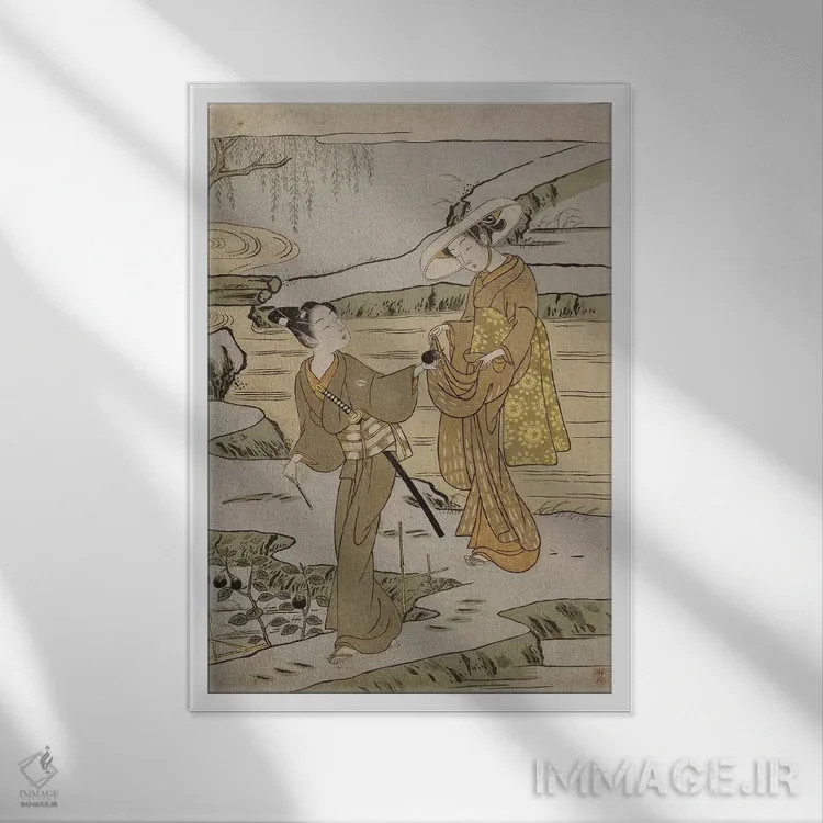 تابلو صحنه تابستانی روی خاکریز، جوانی در حال بریدن بادمجان برای دختر همراهش اثر سوزوکی هارونوبو (نقاش و چاپگر ژاپنی دوره ادو) - نمای قابدار سفید
