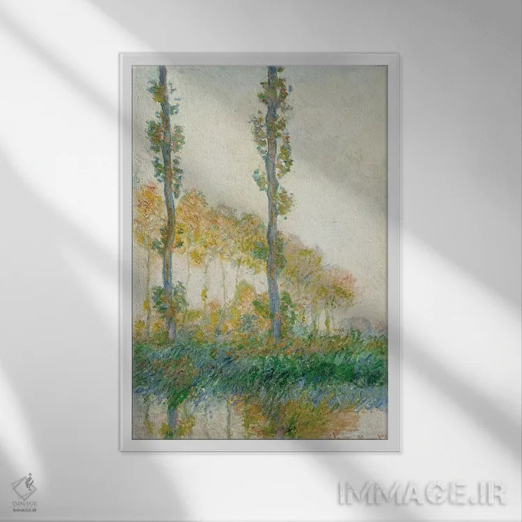 تابلو سه درخت، پاییز، ۱۸۹۱ اثر کلود مونه (نقاش معروف فرانسوی) - نمای قابدار سفید