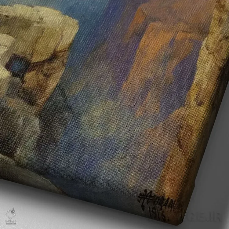 تابلو گرند کانیون، ۱۹۱۶ (دره بزرگ آمریکا) اثر توماس موران (نقاش منظره آمریکایی) - نمای نزدیک بافت بوم