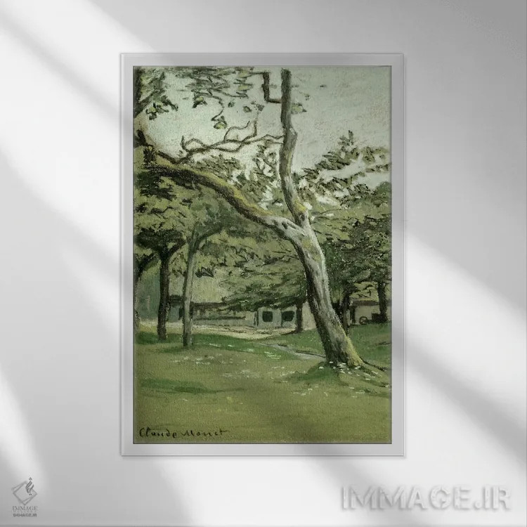 تابلو مزرعه نورماندی زیر درختان اثر کلود مونه (نقاش معروف فرانسوی) - نمای قابدار سفید