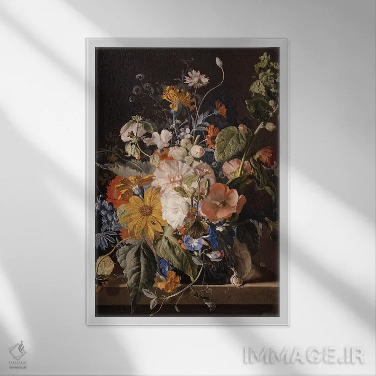 تابلو شقایق، ختمی، پیچک صبحگاهی، بنفشه، مروارید، نخود فرنگی، گل همیشه بهار و دیگر گلها در گلدانی همراه حلزون روی طاقچه اثر یان فان هویسوم - نمای قابدار سفید