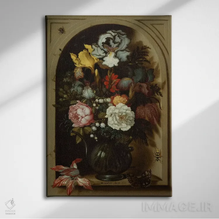 تابلو زنبقها، رزها، گل موگه و سایر گلها در گلدان شیشهای در محفظه، ۱۶۲۱ اثر بالتازار فان در آست (نقاش هلندی سبک طبیعت بیجان) - نمای روبهرو روی دیوار