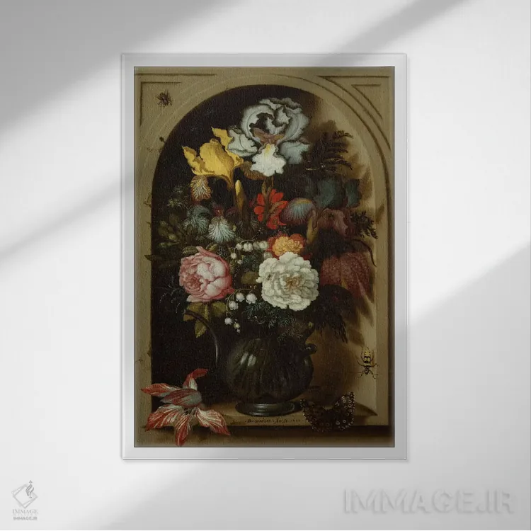 تابلو زنبقها، رزها، گل موگه و سایر گلها در گلدان شیشهای در محفظه، ۱۶۲۱ اثر بالتازار فان در آست (نقاش هلندی سبک طبیعت بیجان) - نمای قابدار سفید