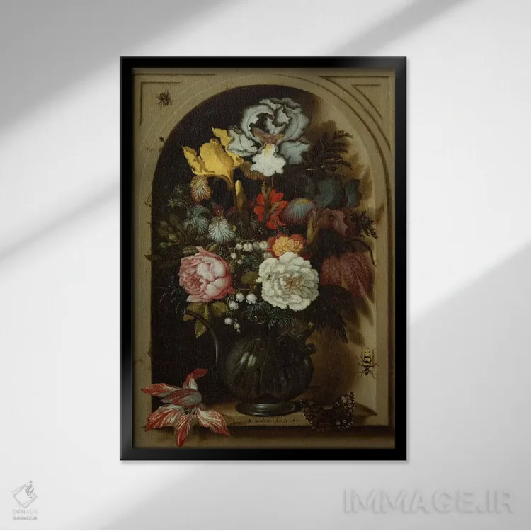 تابلو زنبقها، رزها، گل موگه و سایر گلها در گلدان شیشهای در محفظه، ۱۶۲۱ اثر بالتازار فان در آست (نقاش هلندی سبک طبیعت بیجان) - نمای قابدار مشکی