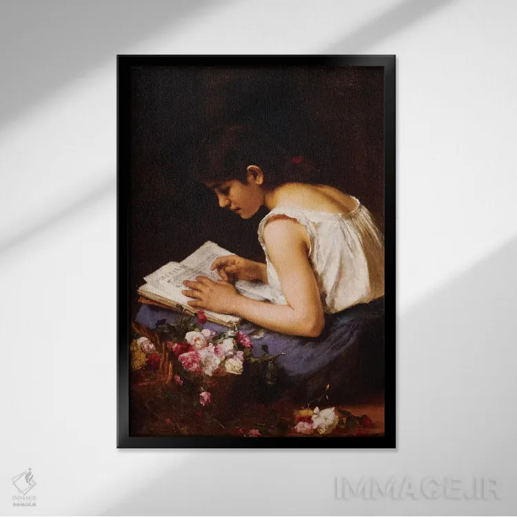 تابلو دختری در حال مطالعه اثر آلکسی آلکسیویچ خارلاموف - نمای قابدار مشکی