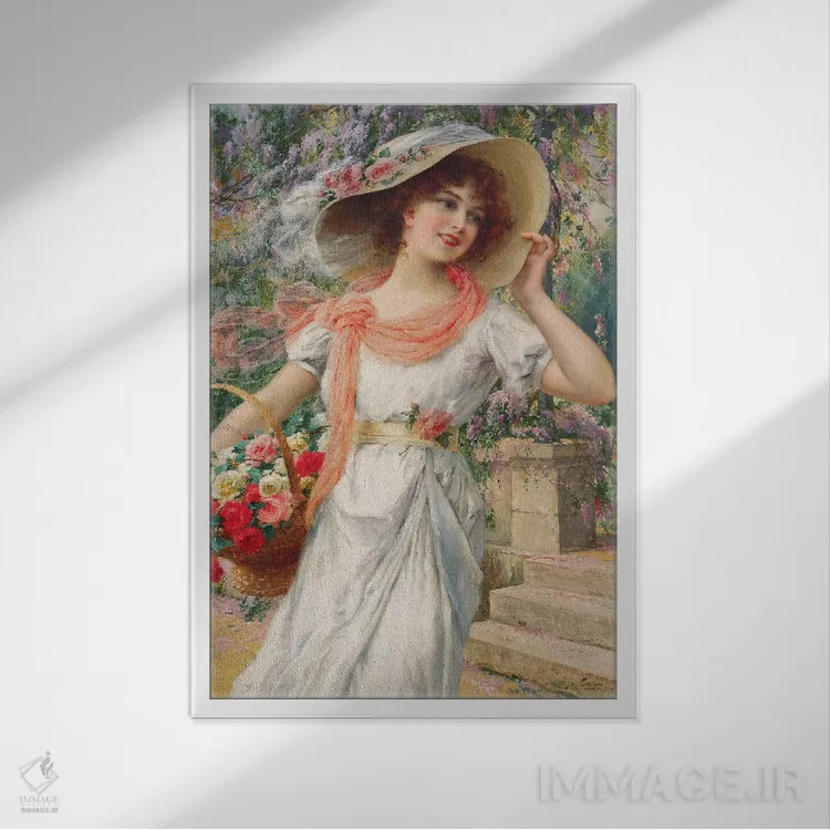 تابلو دختر گلفروش اثر امیل ورنون (نقاش فرانسوی) - نمای قابدار سفید