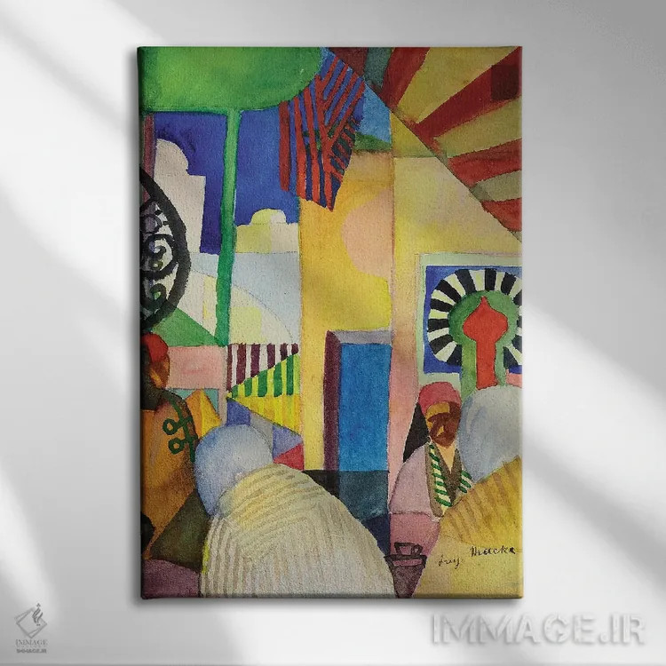 تابلو 1914,در بازار، ۱۹۱۴ اثر آگوست ماکه (نقاش اکسپرسیونیست آلمانی) - نمای روبهرو روی دیوار