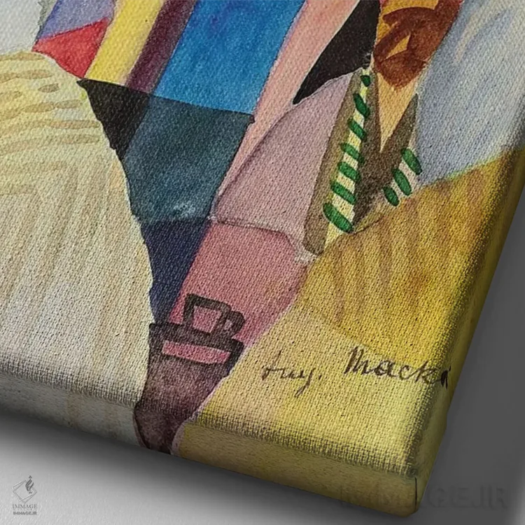 تابلو 1914,در بازار، ۱۹۱۴ اثر آگوست ماکه (نقاش اکسپرسیونیست آلمانی) - نمای نزدیک بافت بوم