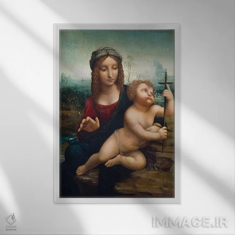 تابلو مادونا با چرخ نخریسی اثر لئوناردو داوینچی (نقاش و مخترع ایتالیایی) - نمای قابدار سفید