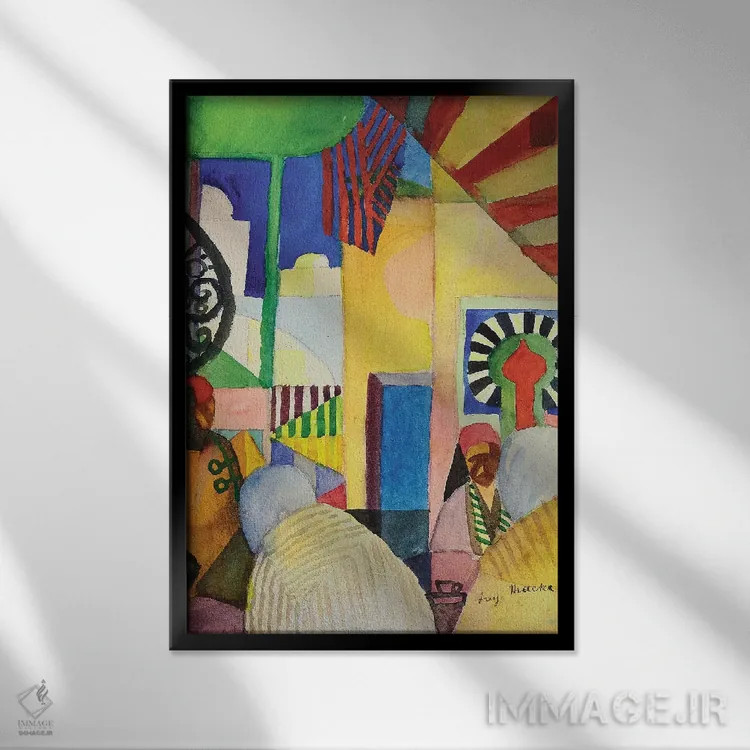 تابلو 1914,در بازار، ۱۹۱۴ اثر آگوست ماکه (نقاش اکسپرسیونیست آلمانی) - نمای قابدار مشکی
