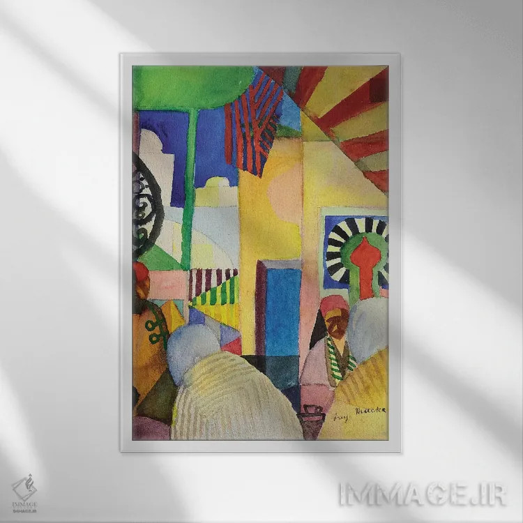 تابلو 1914,در بازار، ۱۹۱۴ اثر آگوست ماکه (نقاش اکسپرسیونیست آلمانی) - نمای قابدار سفید