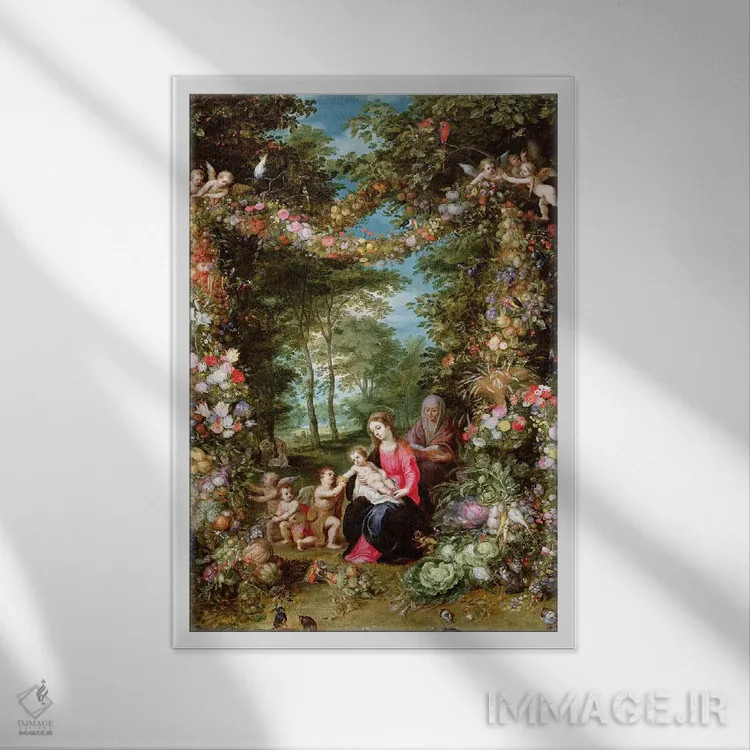 تابلو مریم مقدس و کودک با سنت جان تعمیددهنده کودک، سنت آن و فرشتگان اثر یان بروگل - نمای قابدار سفید