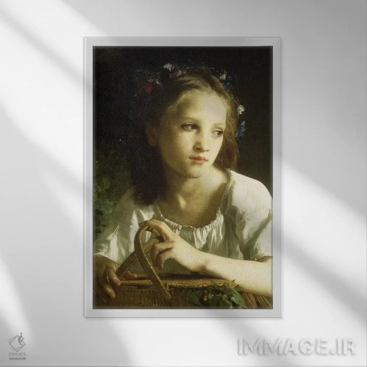 تابلو 1875,اوِفیلیای کوچک، ۱۸۷۵ (الهام از افیلیا، نمایشنامه هملت) اثر ویلیام-آدولف بوگرئو (نقاش آکادمیک فرانسوی) - نمای قابدار سفید