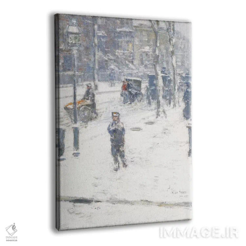 تابلو Fifth Avenue, New York, 1907,طوفان برف، خیابان پنجم، نیویورک، ۱۹۰۷ اثر چایلد هسام (نقاش امپرسیونیست آمریکایی) - نمای پرسپکتیو محصول