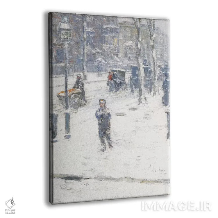 تابلو Fifth Avenue, New York, 1907,طوفان برف، خیابان پنجم، نیویورک، ۱۹۰۷ اثر چایلد هسام (نقاش امپرسیونیست آمریکایی) - نمای پرسپکتیو محصول