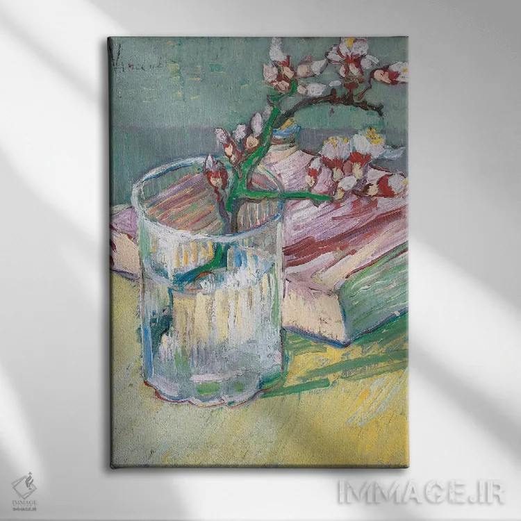 تابلو a flowering almond branch, 1888,طبیعت بیجان با شاخه شکوفه بادام، ۱۸۸۸ اثر ونسان ون گوگ (نقاش مشهور هلندی پستامپرسیونیسم) - نمای روبهرو روی دیوار