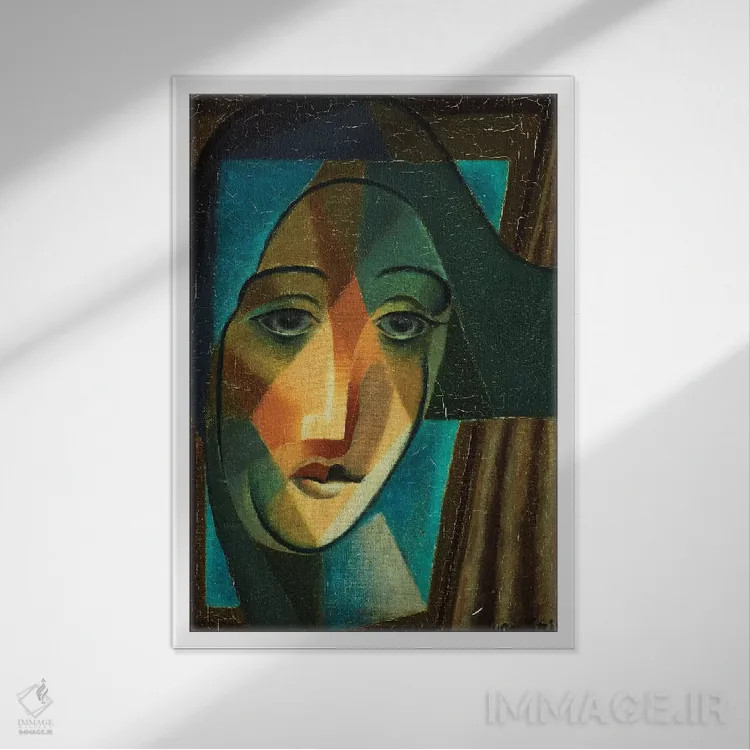 تابلو 1924,سر دلقک (هارلکوین)، ۱۹۲۴ اثر خوان گрис (نقاش کوبیست اسپانیایی) - نمای قابدار سفید
