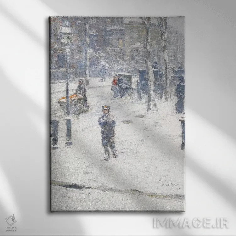 تابلو Fifth Avenue, New York, 1907,طوفان برف، خیابان پنجم، نیویورک، ۱۹۰۷ اثر چایلد هسام (نقاش امپرسیونیست آمریکایی) - نمای روبهرو روی دیوار