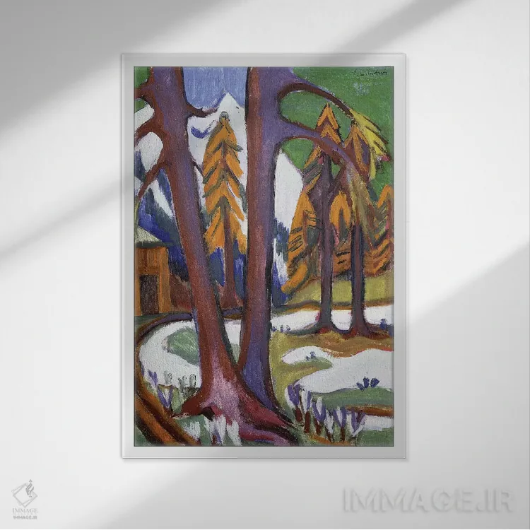 تابلو c.1921-1923,کوه - آغاز بهار با سرخدارها، حدود ۱۹۲۱ تا ۱۹۲۳ اثر ارنست لودویگ کیرشنر (نقاش اکسپرسیونیست آلمانی) - نمای قابدار سفید