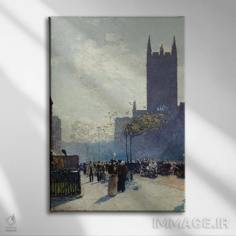 تابلو 1890,پایین خیابان پنجم، ۱۸۹۰ اثر چایلد هسام (نقاش امپرسیونیست آمریکایی) - نمای روبهرو روی دیوار