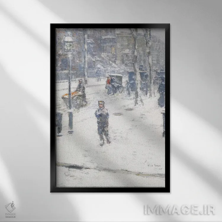 تابلو Fifth Avenue, New York, 1907,طوفان برف، خیابان پنجم، نیویورک، ۱۹۰۷ اثر چایلد هسام (نقاش امپرسیونیست آمریکایی) - نمای قابدار مشکی