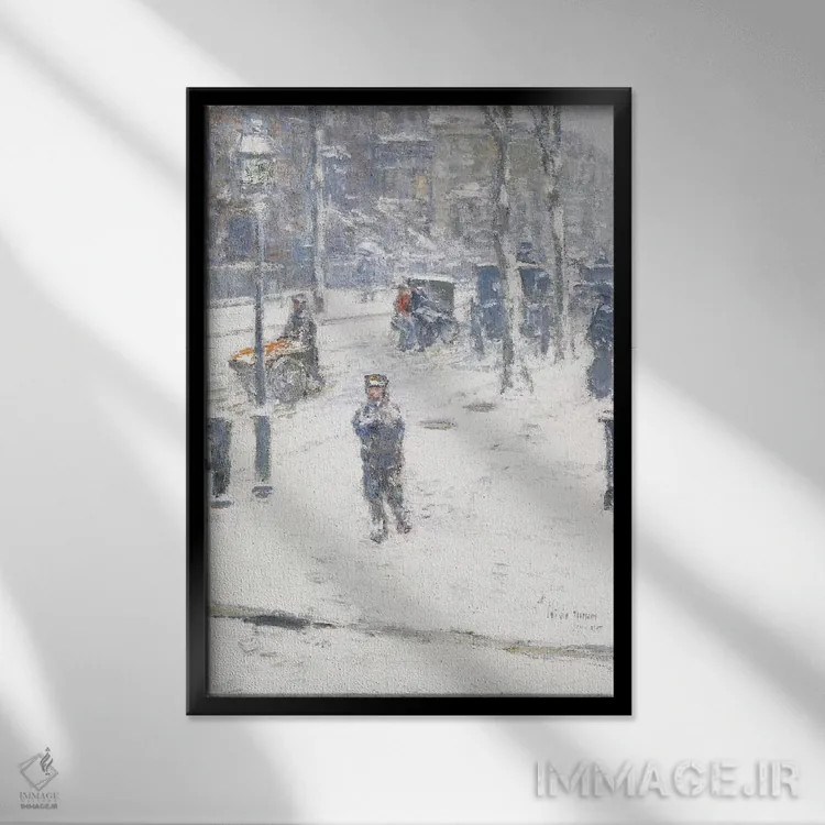 تابلو Fifth Avenue, New York, 1907,طوفان برف، خیابان پنجم، نیویورک، ۱۹۰۷ اثر چایلد هسام (نقاش امپرسیونیست آمریکایی) - نمای قابدار مشکی