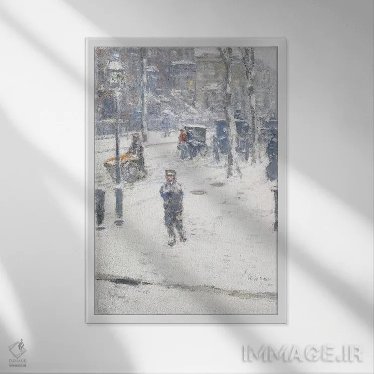 تابلو Fifth Avenue, New York, 1907,طوفان برف، خیابان پنجم، نیویورک، ۱۹۰۷ اثر چایلد هسام (نقاش امپرسیونیست آمریکایی) - نمای قابدار سفید
