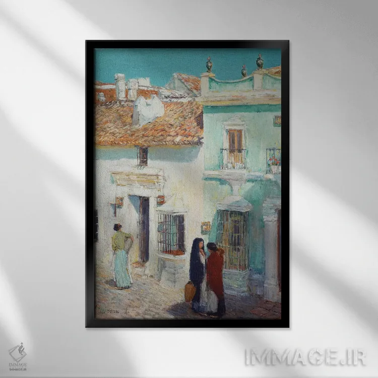 تابلو La Ronda, Spain, 1910,صحنه خیابان، لا روندا، اسپانیا، ۱۹۱۰ اثر چایلد هسام (نقاش امپرسیونیست آمریکایی) - نمای قابدار مشکی