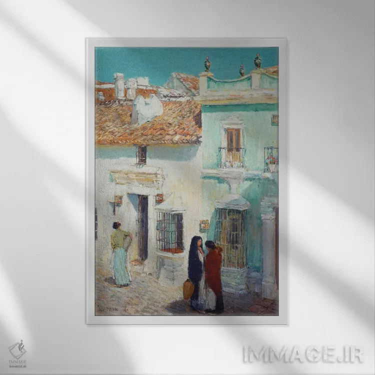 تابلو La Ronda, Spain, 1910,صحنه خیابان، لا روندا، اسپانیا، ۱۹۱۰ اثر چایلد هسام (نقاش امپرسیونیست آمریکایی) - نمای قابدار سفید