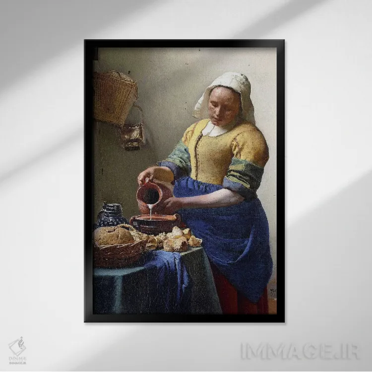 تابلو دوشنده شیر در بزرگنمایی اثر یوهانس ورمیر (نقاش هلندی) - نمای قابدار مشکی