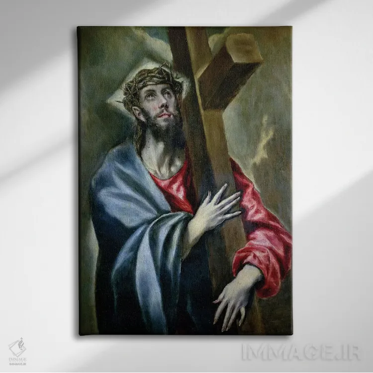 تابلو مسیح در حال در آغوش گرفتن صلیب، ۱۶۰۰-۱۶۱۰ اثر ال گرکو (نقاش یونانی-اسپانیایی) - نمای روبهرو روی دیوار