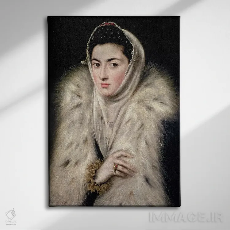 تابلو بانو با شنل خز (مجموعه استرلینگ مکسول، خانه پولاک) اثر ال گرکو (نقاش یونانی-اسپانیایی) - نمای روبهرو روی دیوار
