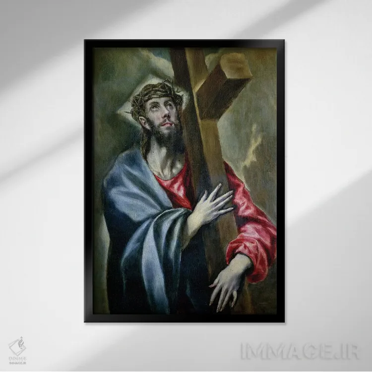 تابلو مسیح در حال در آغوش گرفتن صلیب، ۱۶۰۰-۱۶۱۰ اثر ال گرکو (نقاش یونانی-اسپانیایی) - نمای قابدار مشکی