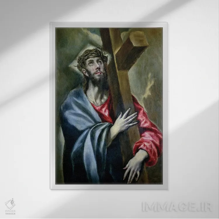 تابلو مسیح در حال در آغوش گرفتن صلیب، ۱۶۰۰-۱۶۱۰ اثر ال گرکو (نقاش یونانی-اسپانیایی) - نمای قابدار سفید