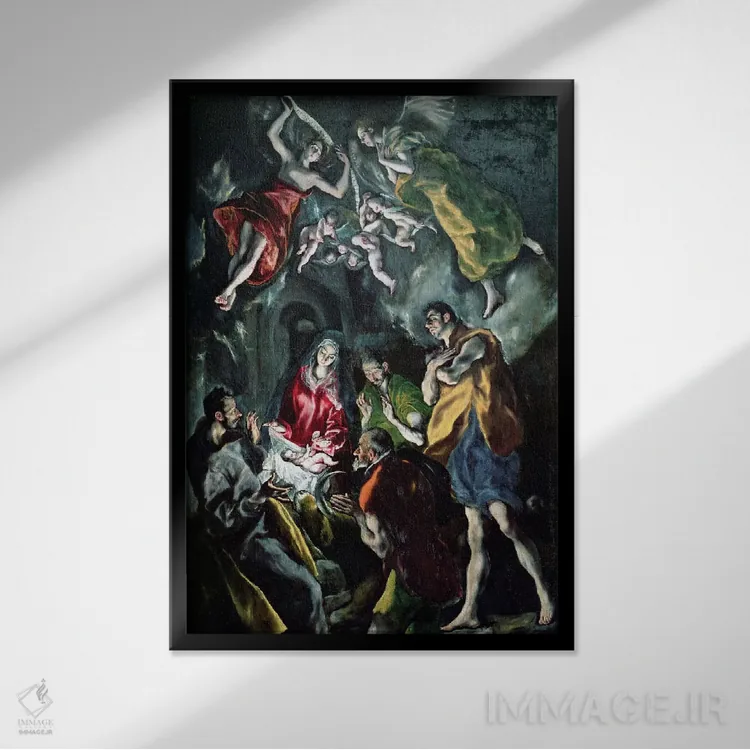 تابلو پرستش شبانان (محراب اصلی سانتو دومینگو ال آنتیگو)، حدود ۱۶۰۳-۱۶۱۴ (موزه دل پرادو) اثر ال گرکو (نقاش یونانی-اسپانیایی) - نمای قابدار مشکی