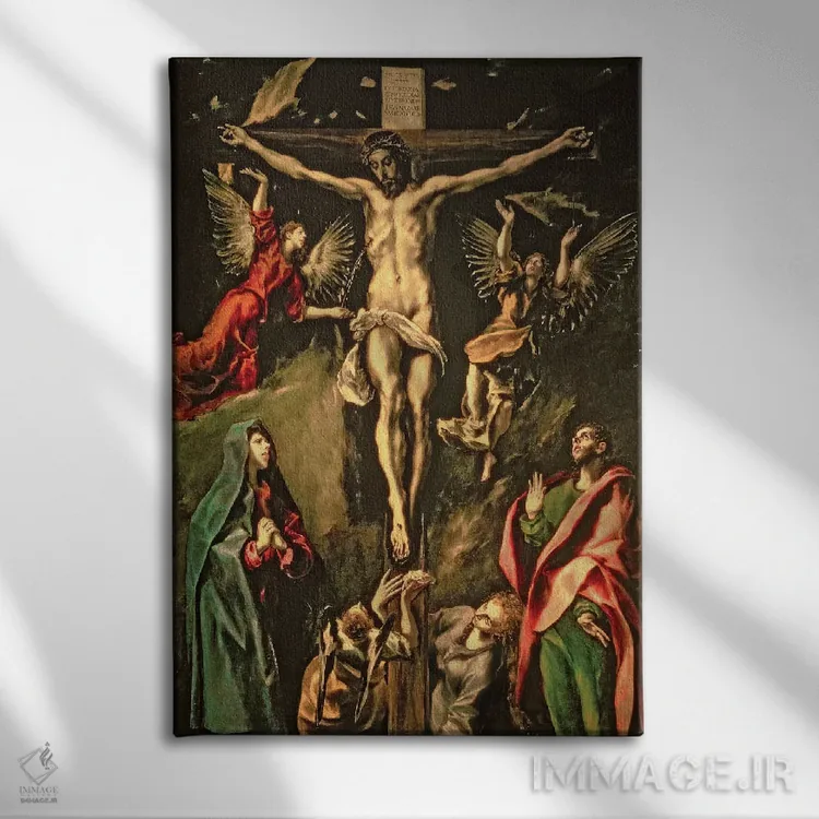 تابلو مصلوب شدن، حدود ۱۵۸۴-۱۶۰۰ (موزه دل پرادو) اثر ال گرکو (نقاش یونانی-اسپانیایی) - نمای روبهرو روی دیوار