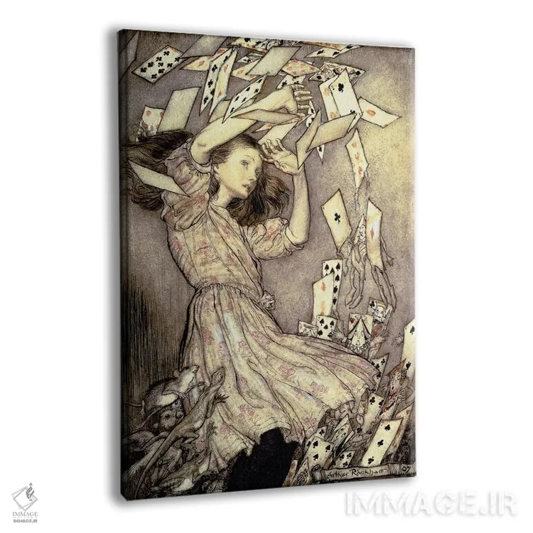 تابلو آلیس و دسته ورقها (تصویرسازی از آلیس در سرزمین عجایب اثر لوییس کارول)، ۱۹۰۷ اثر آرتور رکهم (تصویرگر بریتانیایی) - نمای پرسپکتیو محصول