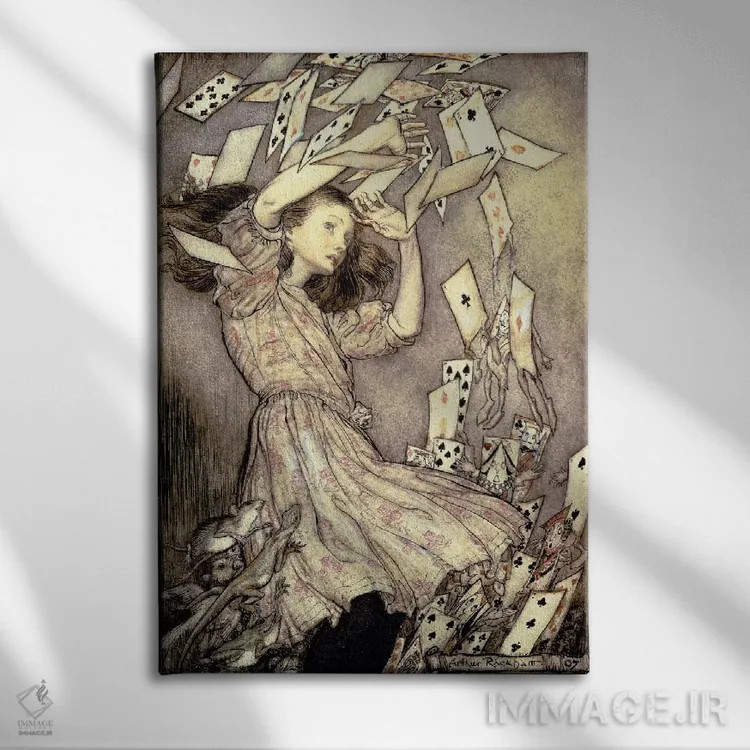 تابلو آلیس و دسته ورقها (تصویرسازی از آلیس در سرزمین عجایب اثر لوییس کارول)، ۱۹۰۷ اثر آرتور رکهم (تصویرگر بریتانیایی) - نمای روبهرو روی دیوار