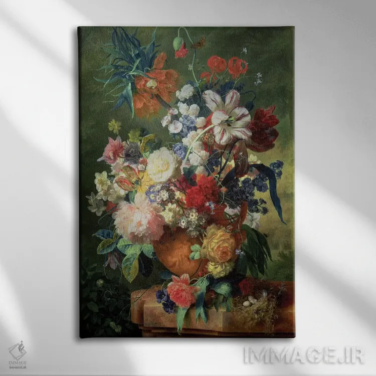 تابلو طبیعت بیجان از گلها و لانه پرنده روی پایه اثر یان فان هویسوم - نمای روبهرو روی دیوار