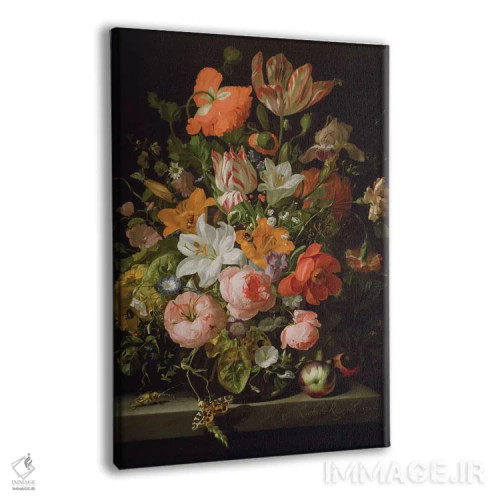 تابلو طبیعت بیجان گلهای رز، سوسن، لاله و دیگر گلها در گلدان شیشهای با زیبایی خالدار روی لبه سنگی اثر ریچل رویش - نمای پرسپکتیو محصول