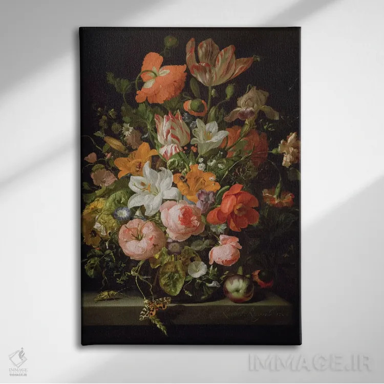 تابلو طبیعت بیجان گلهای رز، سوسن، لاله و دیگر گلها در گلدان شیشهای با زیبایی خالدار روی لبه سنگی اثر ریچل رویش - نمای روبهرو روی دیوار