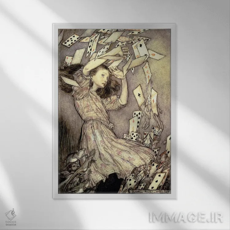 تابلو آلیس و دسته ورقها (تصویرسازی از آلیس در سرزمین عجایب اثر لوییس کارول)، ۱۹۰۷ اثر آرتور رکهم (تصویرگر بریتانیایی) - نمای قابدار سفید