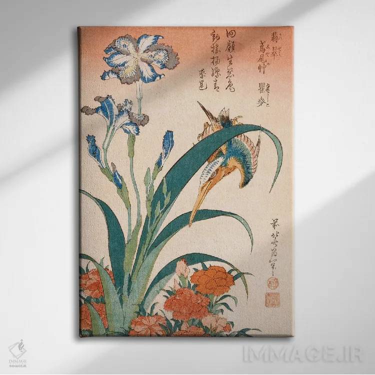 تابلو مرغ ماهیخوار با زنبق و گل میخک اثر کاتسوشیکا هوکوسای (نقاش و هنرمند ژاپنی) - نمای روبهرو روی دیوار