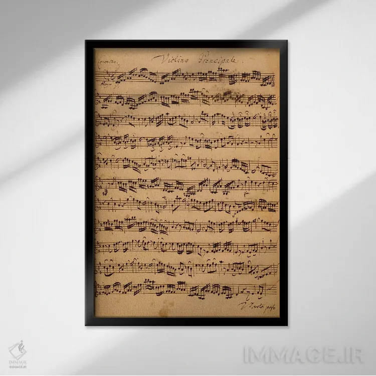 تابلو نت کنسرتو براندنبورگ شماره ۵ در ر ماژور اثر یوهان سباستین باخ (آهنگساز آلمانی) - نمای قابدار مشکی