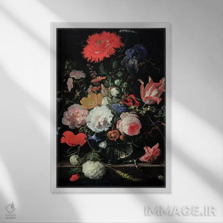 تابلو تابلوی گلها (گلآرایی) اثر ابراهام مینیون (نقاش هلندی) - نمای قابدار سفید