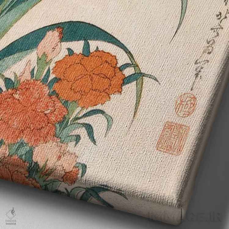 تابلو مرغ ماهیخوار با زنبق و گل میخک اثر کاتسوشیکا هوکوسای (نقاش و هنرمند ژاپنی) - نمای نزدیک بافت بوم